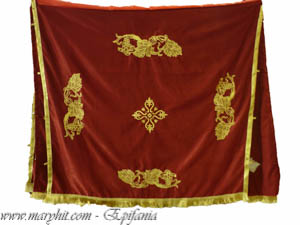 acoperaminte, biserica, broderie, cruce, imbracaminte, rosu, struguri, tafta