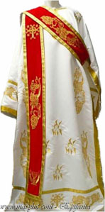 alb, broderie, catifea, diacon, rosu, struguri, vesmant